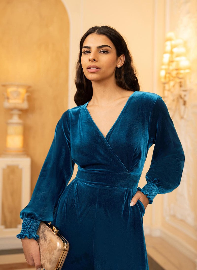 Yumi - Yumi Teal Velvet Long sleeve Jumpsuit - Image 1