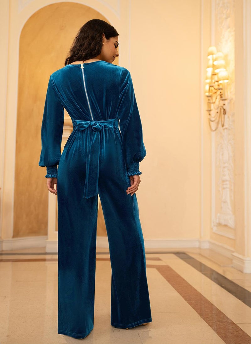 Yumi - Yumi Teal Velvet Long sleeve Jumpsuit - Image 1