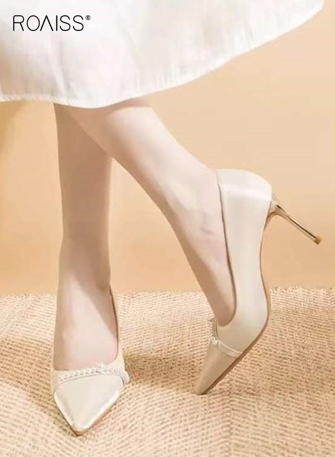 رويس حذاء نسائي بكعب عالٍ مدبب من الساتان، ارتفاعه ١٠ سم، مناسب لحفلات الزفاف والمناسبات المسائية. يتميز بكعب ستيليتو أنيق، وجزء علوي من الساتان مزين باللؤلؤ، ونعل مانع للانزلاق يوفر راحة مثالية للعرائس ووصيفاتهن، ولحفلات التخرج أو المناسبات الرسمية. لون أبيض - Image 4