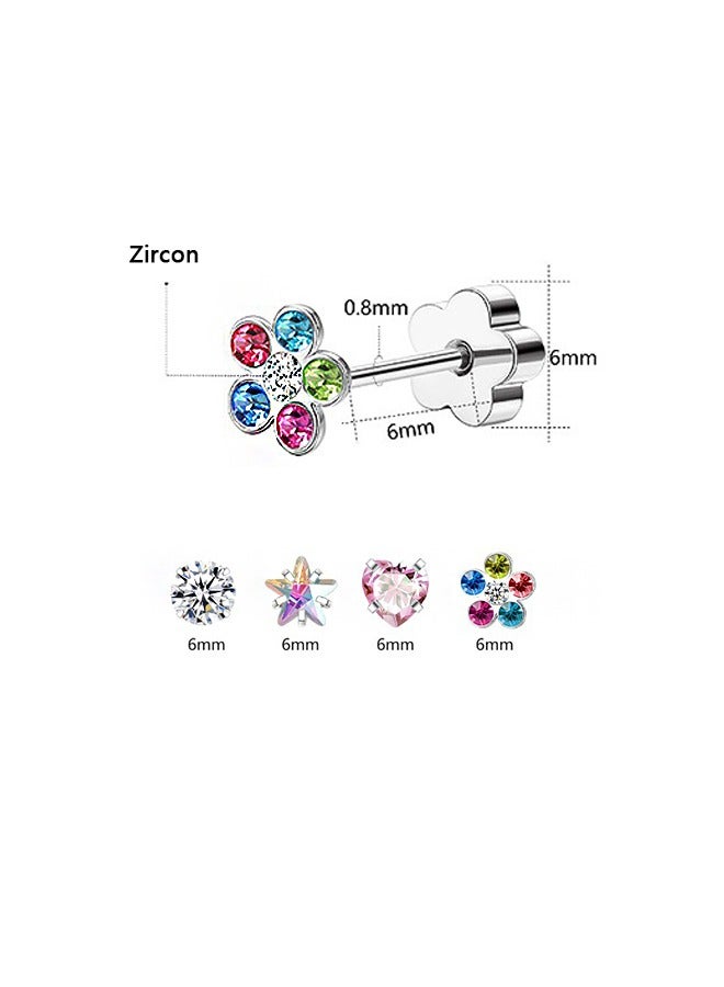 بيوند مجموعة من 4 أقراط ألماس فضفاضة مقاس 6 مم للنساء، أقراط بمشبك لولبي مضاد للصدأ والبهتان ومضاد للحساسية، هدية مجوهرات عصرية (ملونة) - Image 2