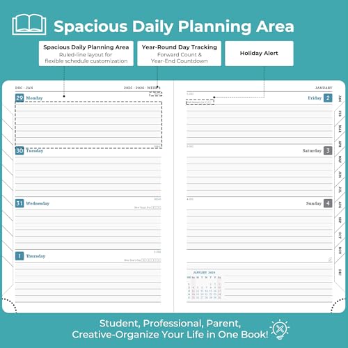 IN-LUXPRO Planner 2026 Daily Weekly and Monthly,8.5"x6.5",12 Months Spiral Bound Calendar Agenda with Self-adhesive Pen Holder,2026 Appointment Book with Vegan Leather Soft Cover,Light Blue - Image 3