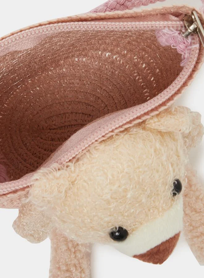Styli Styli Teddy Bear Straw Bag with Zip Closure