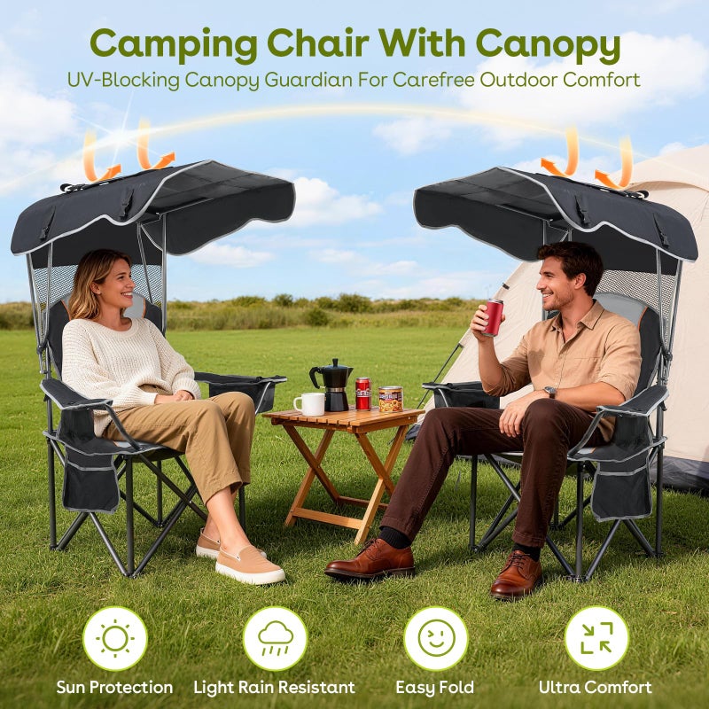 Suteck Camping Chair with Canopy, Outdoor Beach Chair with Adjustable Sun Shade Canopy, Cup Holder, Side Pockets - Heavy Duty Folding Chair with Full Sun Protection Supports 500lbs, Black - Image 2