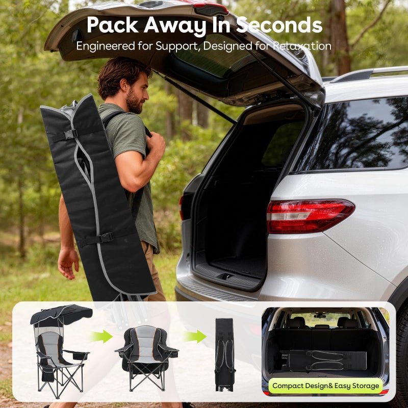 Suteck Camping Chair with Canopy, Outdoor Beach Chair with Adjustable Sun Shade Canopy, Cup Holder, Side Pockets - Heavy Duty Folding Chair with Full Sun Protection Supports 500lbs, Black - Image 4
