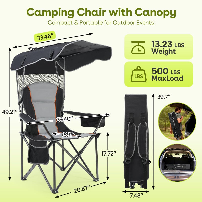 Suteck Camping Chair with Canopy, Outdoor Beach Chair with Adjustable Sun Shade Canopy, Cup Holder, Side Pockets - Heavy Duty Folding Chair with Full Sun Protection Supports 500lbs, Black - Image 3