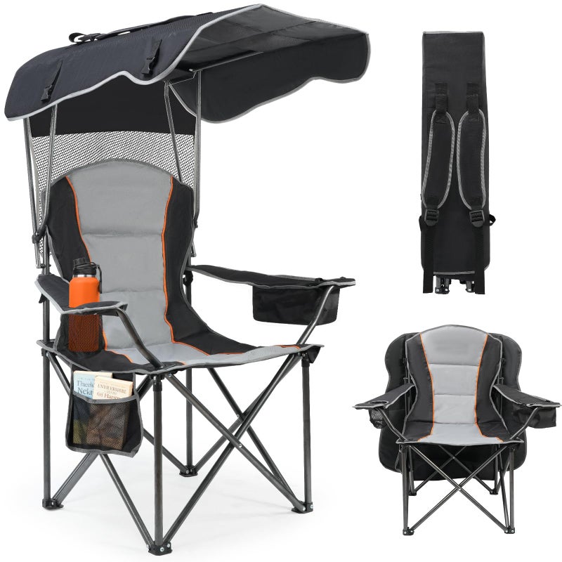 Suteck Camping Chair with Canopy, Outdoor Beach Chair with Adjustable Sun Shade Canopy, Cup Holder, Side Pockets - Heavy Duty Folding Chair with Full Sun Protection Supports 500lbs, Black - Image 1