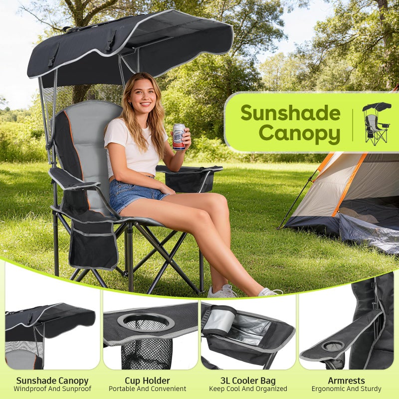Suteck Camping Chair with Canopy, Outdoor Beach Chair with Adjustable Sun Shade Canopy, Cup Holder, Side Pockets - Heavy Duty Folding Chair with Full Sun Protection Supports 500lbs, Black - Image 5