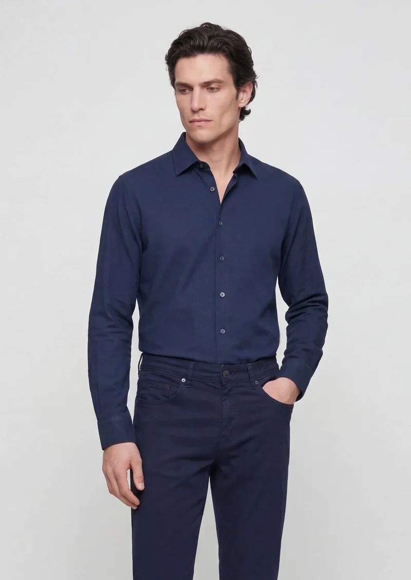 RAMSEY Navy Blue Plain Casual Fit Long Weaving Casual 100% Cotton Shirt
