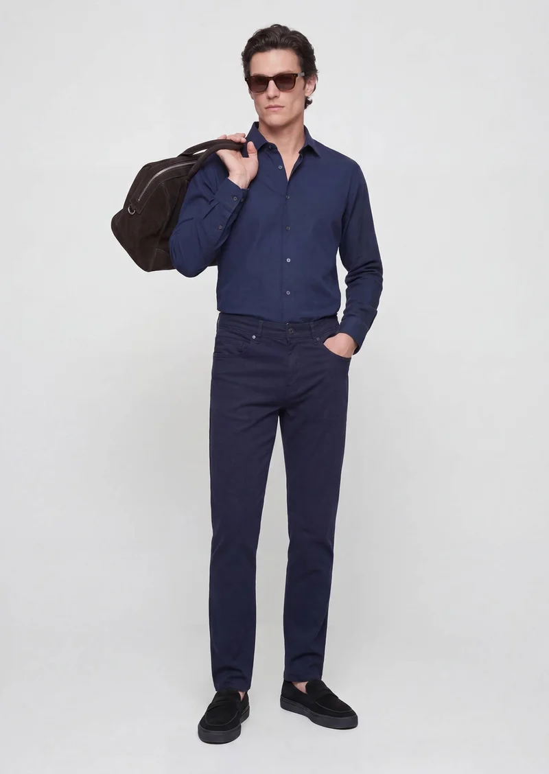 RAMSEY Navy Blue Plain Casual Fit Long Weaving Casual 100% Cotton Shirt