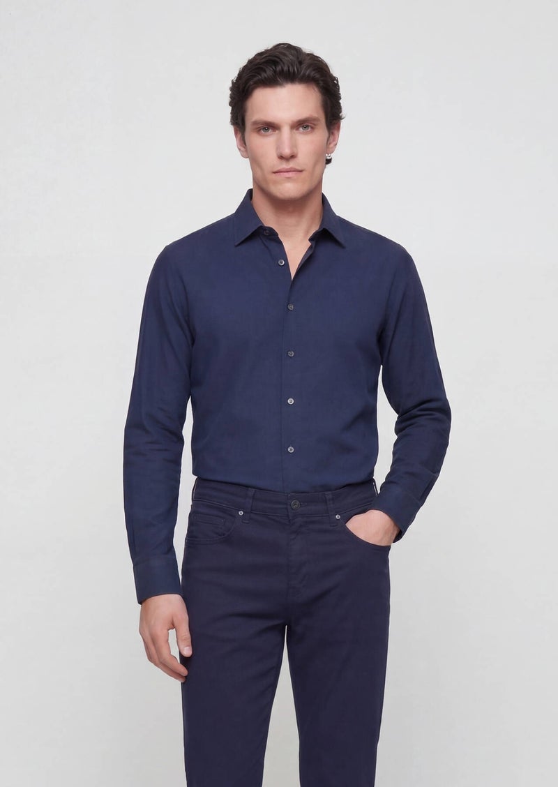 RAMSEY Navy Blue Plain Casual Fit Long Weaving Casual 100% Cotton Shirt - Image 4