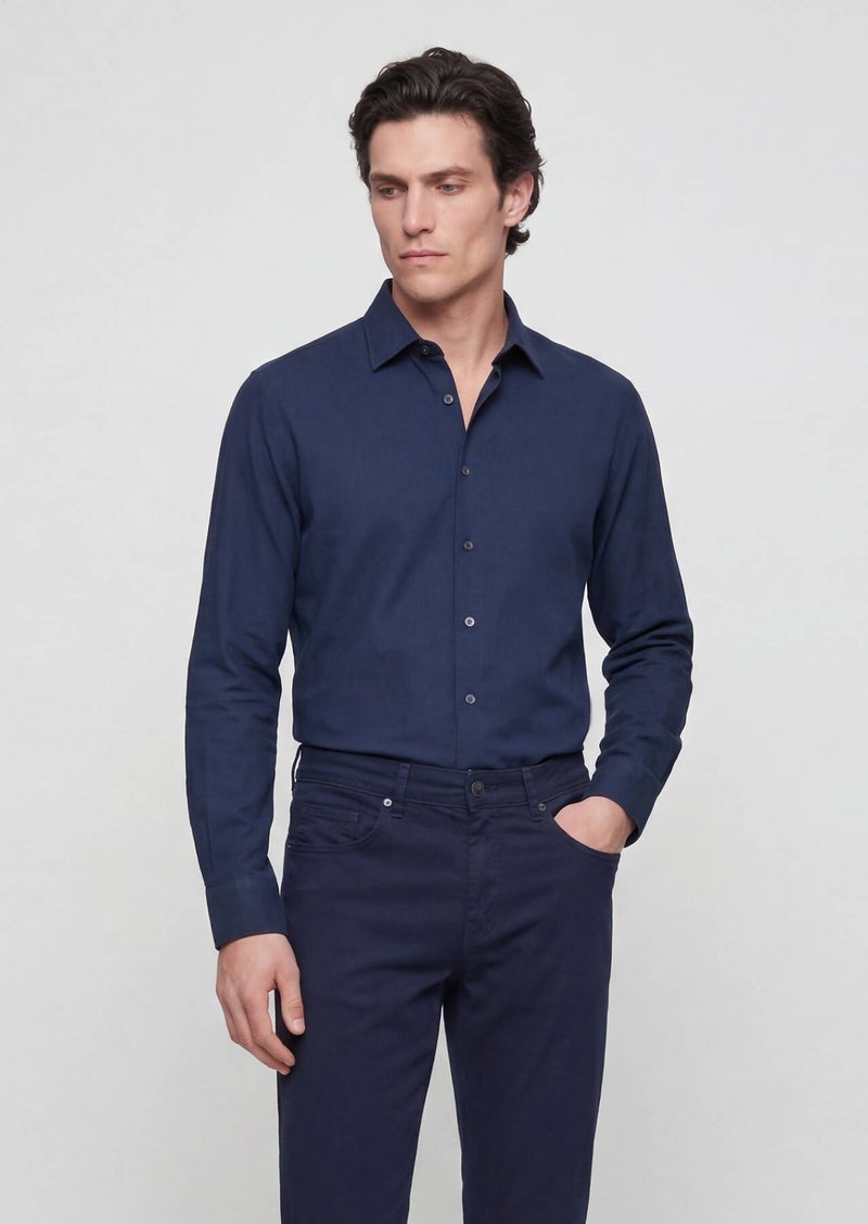 RAMSEY Navy Blue Plain Casual Fit Long Weaving Casual 100% Cotton Shirt - Image 2