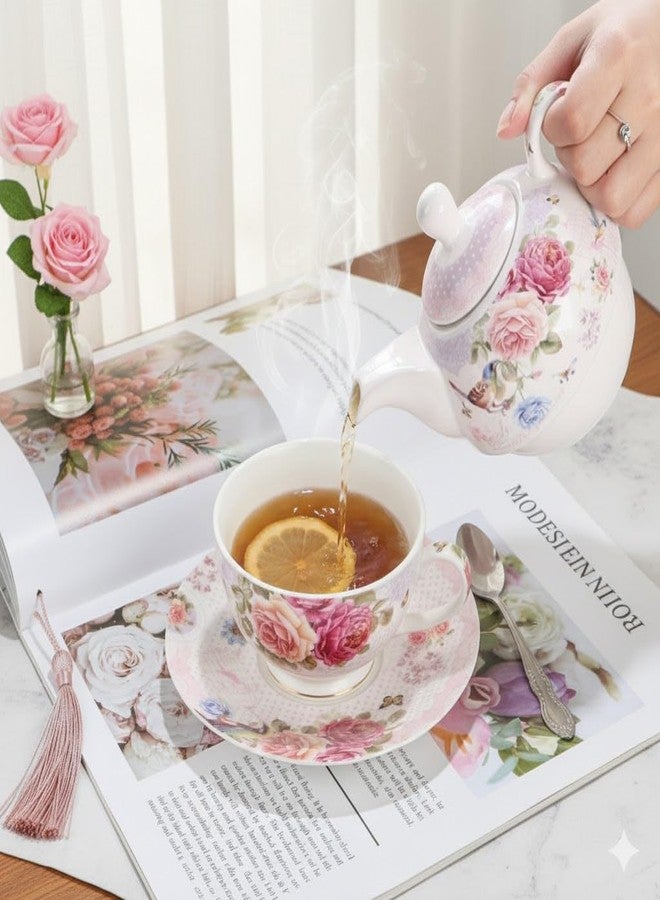 ONEUSTAR Tea for One Set Ceramic Floral Teapot and Cup Saucer Set for Women Mother's Day Birthday Gift in Reusable Handmade Gift Box, Pink - Image 2