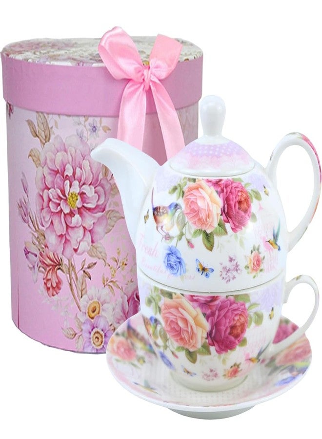 ONEUSTAR Tea for One Set Ceramic Floral Teapot and Cup Saucer Set for Women Mother's Day Birthday Gift in Reusable Handmade Gift Box, Pink - Image 1