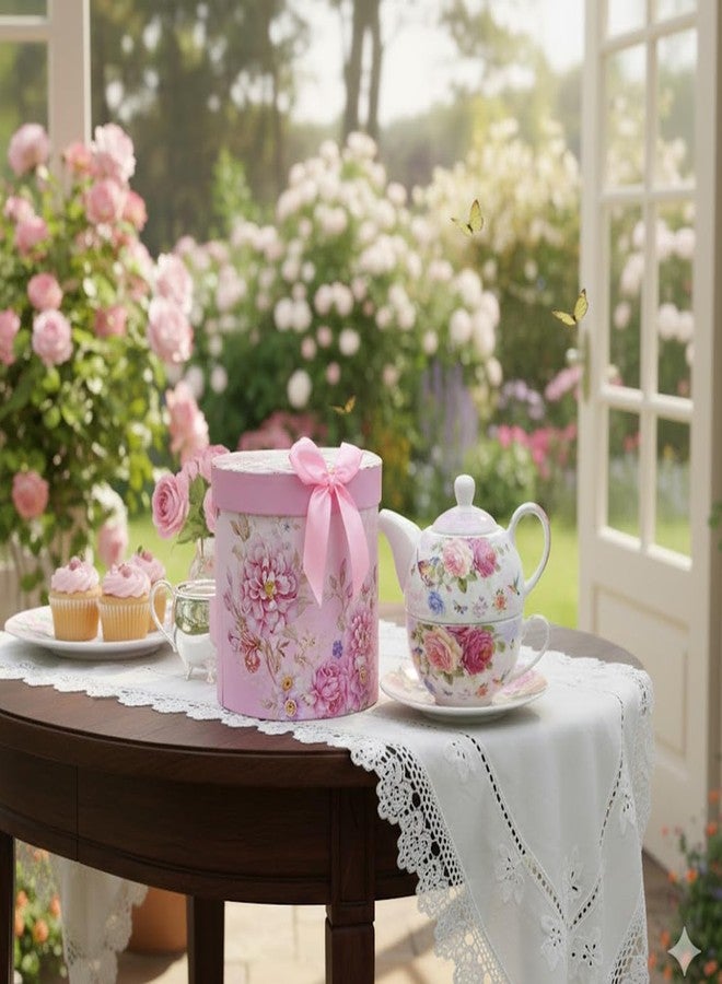 ONEUSTAR Tea for One Set Ceramic Floral Teapot and Cup Saucer Set for Women Mother's Day Birthday Gift in Reusable Handmade Gift Box, Pink - Image 5