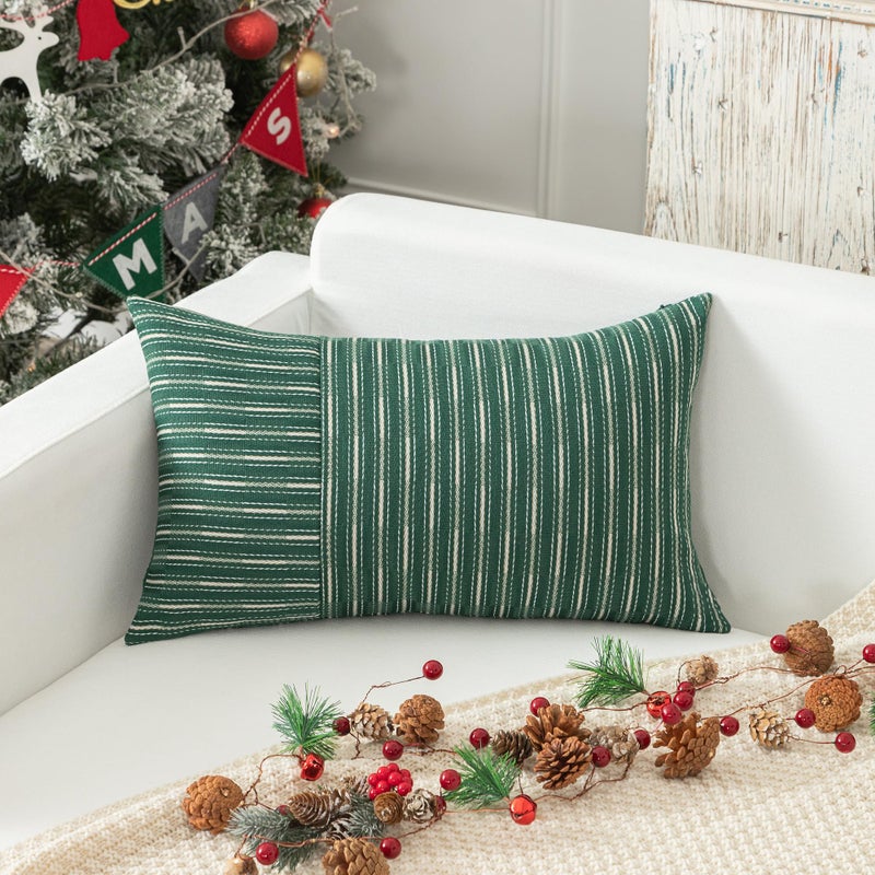 K KEVIN TEXTILE Kevin Textile Moss Green and Beige Patchwork Farmhouse Throw Pillow Covers 12 x 20 Inch  Pack of 2 Striped Linen Decorative Pillow Case for Sofa Couch Chair Bedroom Modern Decor  - Image 4