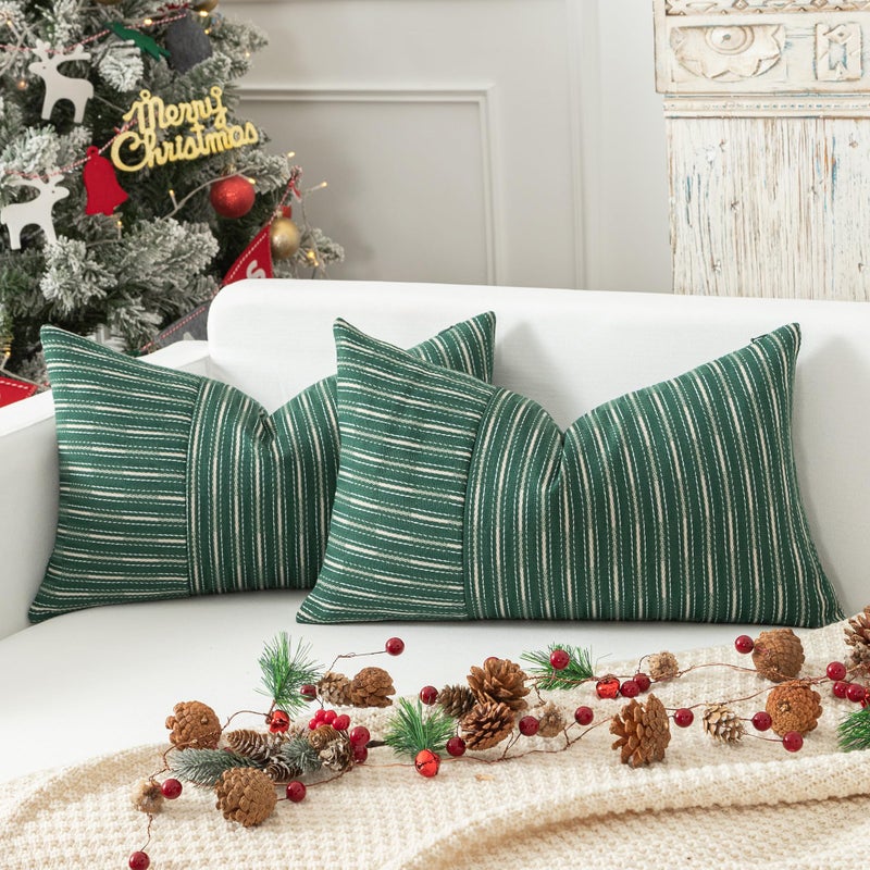 K KEVIN TEXTILE Kevin Textile Moss Green and Beige Patchwork Farmhouse Throw Pillow Covers 12 x 20 Inch  Pack of 2 Striped Linen Decorative Pillow Case for Sofa Couch Chair Bedroom Modern Decor  - Image 1