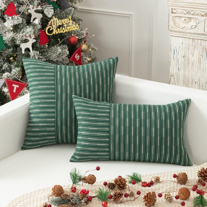 K KEVIN TEXTILE Kevin Textile Moss Green and Beige Patchwork Farmhouse Throw Pillow Covers 12 x 20 Inch  Pack of 2 Striped Linen Decorative Pillow Case for Sofa Couch Chair Bedroom Modern Decor  - Image 5