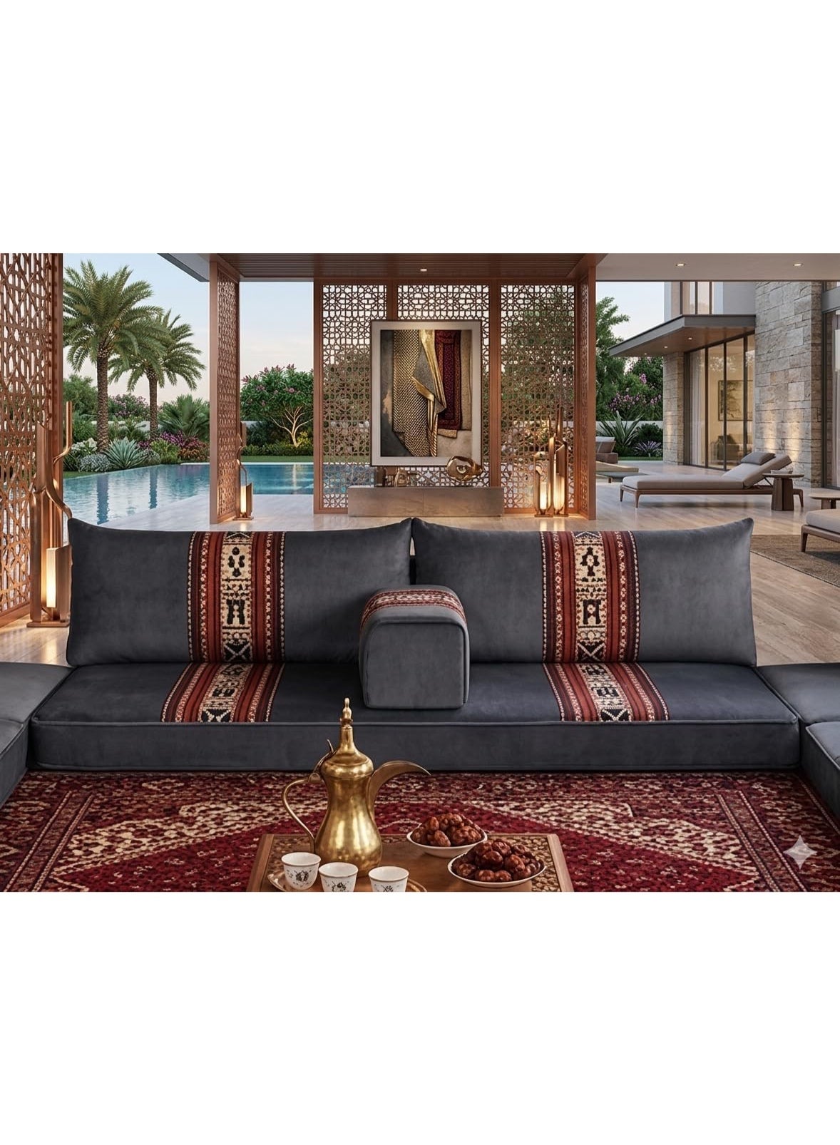 Arabic Majlis Floor Sofa, Grey Velvet with Traditional Tribal Pattern, Living Room Seating