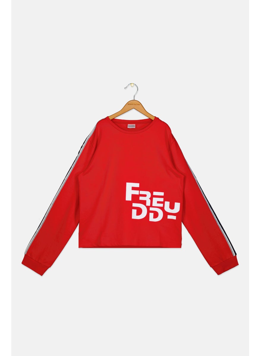FREDDY Kids Girl Crew Neck Long Sleeve Brand Logo Sweatshirt, Red  - Image 1