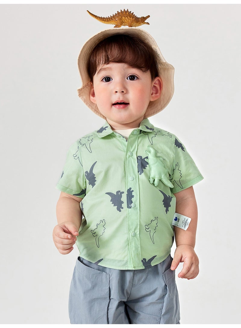 mini bala Boys' Kids Adorable Dinosaur Print Short Sleeve Shirt, Soft Breathable Fabric, Button Front with Cute 3D Dinosaur Accent, Great for Daily Wear, Playdates and Outdoor Adventures Children's Shirt - Image 1