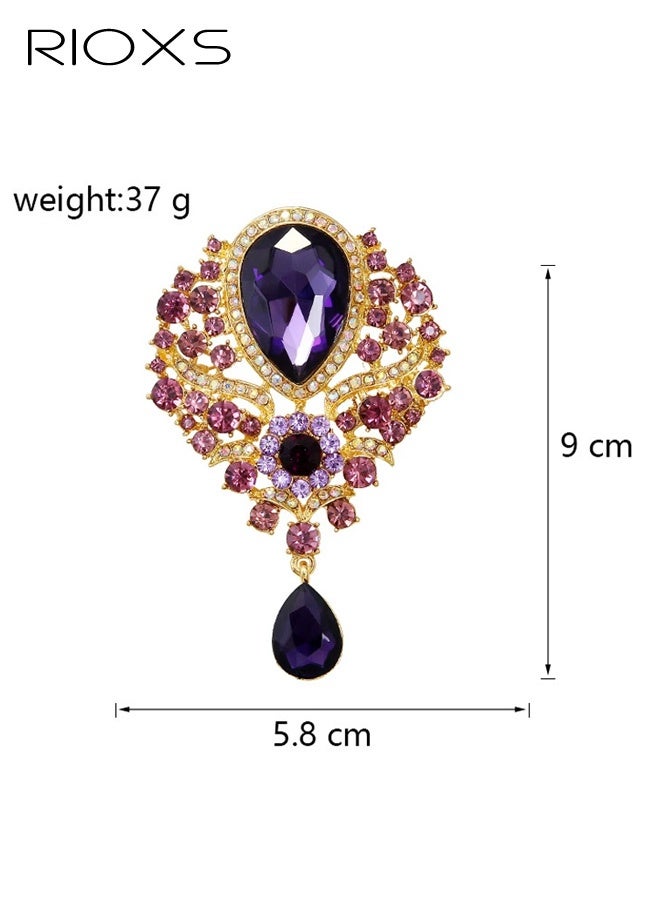 RIOXS Rhinestone Brooch for Women, Vintage Crystal Purple Teardrop Flower Brooch Pin, Dainty Wedding Bridal Brooch Huge Rhinestone Bouquet Brooch Pin Elegant Clothing Hat Bag Accessories - Image 3