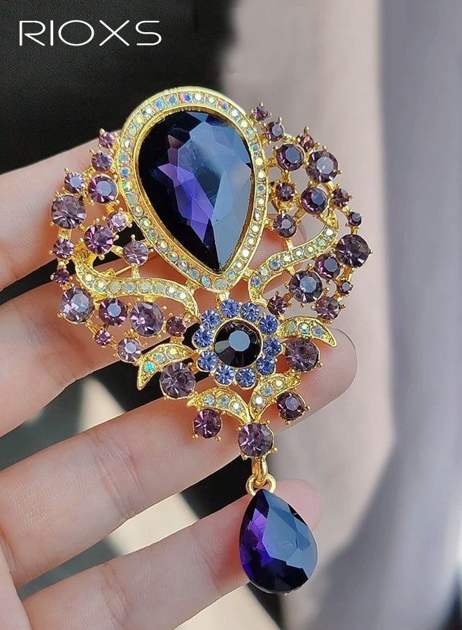 RIOXS Rhinestone Brooch for Women, Vintage Crystal Purple Teardrop Flower Brooch Pin, Dainty Wedding Bridal Brooch Huge Rhinestone Bouquet Brooch Pin Elegant Clothing Hat Bag Accessories - Image 2
