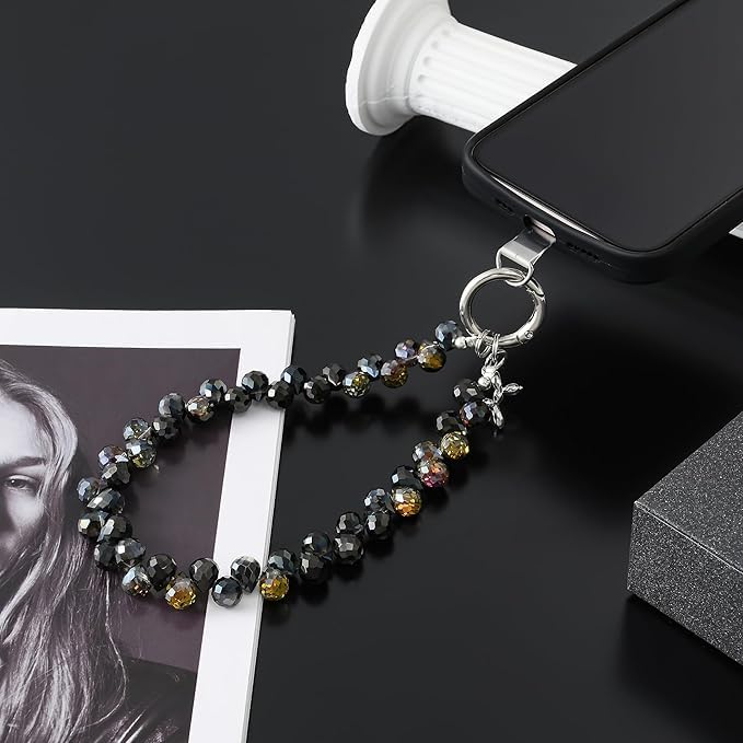 KHOLAD Crystal Phone Wrist Strap Phone Charm Chain Keychain Beaded Cellphone Lanyard with Tether Tab Hands-Free Wristlet Bracelet Wrist Grip Strap for Women (Crystal Black) - Image 2