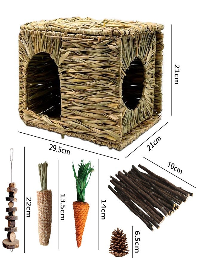 HAWAWA Rabbit Grass House and Hideout Foldable, Handmade Woven Hay Bed Natural Edible Grass Hut with Bunny Chew Toys, for Bunny Hamster Guinea Pig Chinchilla - Image 2