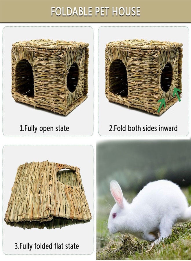 HAWAWA Rabbit Grass House and Hideout Foldable, Handmade Woven Hay Bed Natural Edible Grass Hut with Bunny Chew Toys, for Bunny Hamster Guinea Pig Chinchilla - Image 4