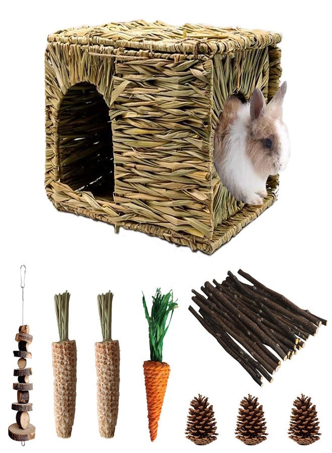 HAWAWA Rabbit Grass House and Hideout Foldable, Handmade Woven Hay Bed Natural Edible Grass Hut with Bunny Chew Toys, for Bunny Hamster Guinea Pig Chinchilla - Image 1