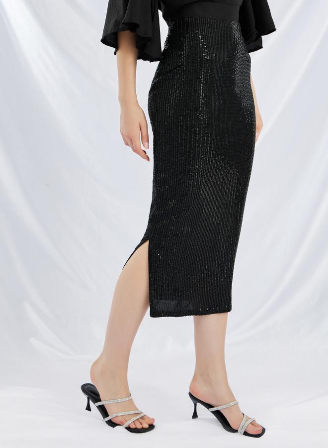 Styli Styli Solid High Neck Top and Sequin Embellished Skirt Co-Ords  - Image 3