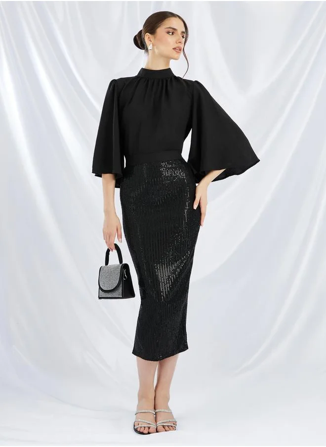 ستايلي Styli Solid High Neck Top and Sequin Embellished Skirt Co-Ords