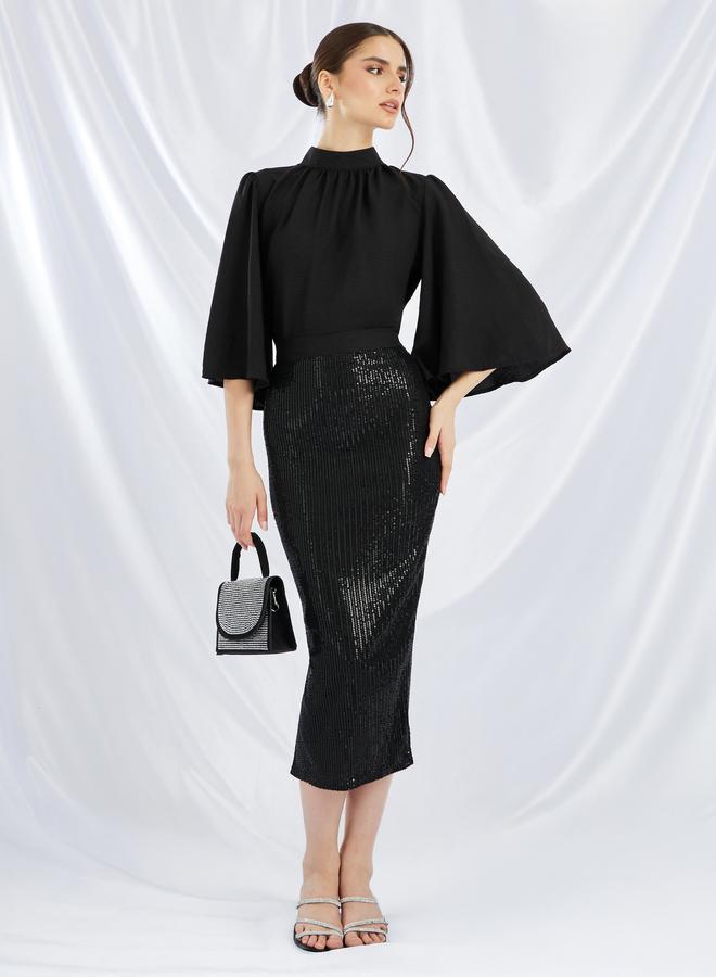 Styli Styli Solid High Neck Top and Sequin Embellished Skirt Co-Ords  - Image 1