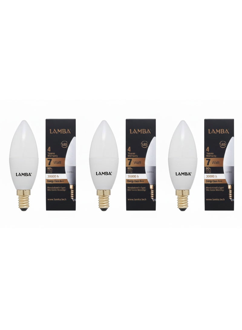 لمبة مجموعة لمبات بلحة ليد 7 وات C37 من LAMBAبضوء دافئ ( 3 قطع) ، اصفر ، عمر افتراضي 30,000 ساعة - Image 1