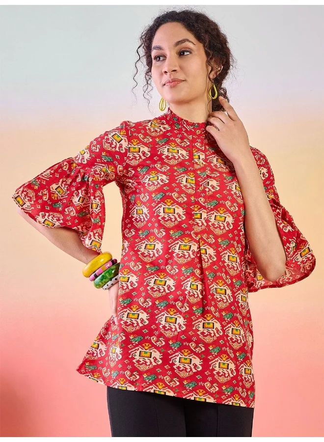 أيه كيه إس Ethnic Motif Printed Bell Sleeve Cotton Tunic