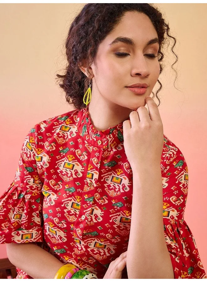 أيه كيه إس Ethnic Motif Printed Bell Sleeve Cotton Tunic