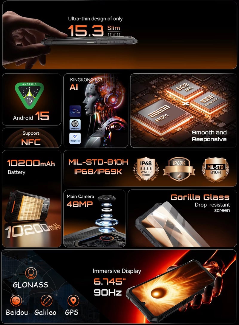 Cubot KingKong ES 3 Rugged Smartphone 4G 6GB RAM+256GB ROM 6.74 Inch Display Android 15 Smart Phone 48MP+16MP Camera / NFC/ Dual SIM Mobile -Black - Image 2