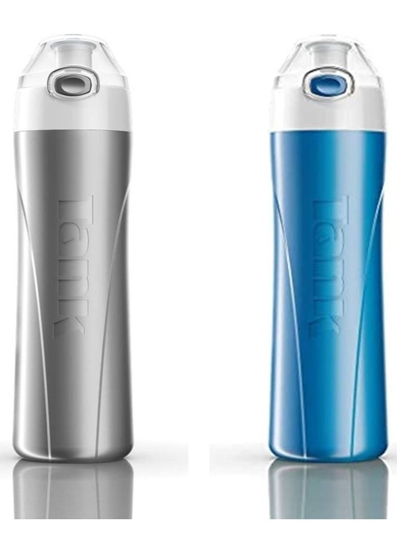 TANK Set of 2 Plastic Water Bottles Silver/Blue 650ml  - Image 1