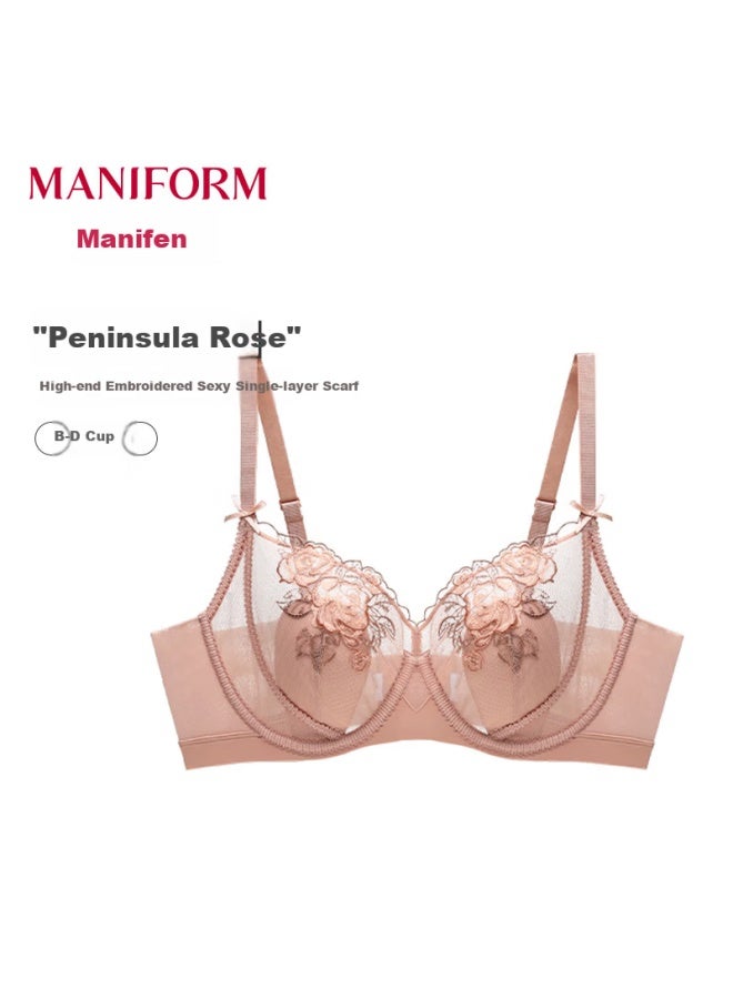 Manifen Thin Cup Single Layer Wireless Triangle Bra For Women Soft Underwire Anti-exposure Small Size Rose Lace Embroidered Bra
