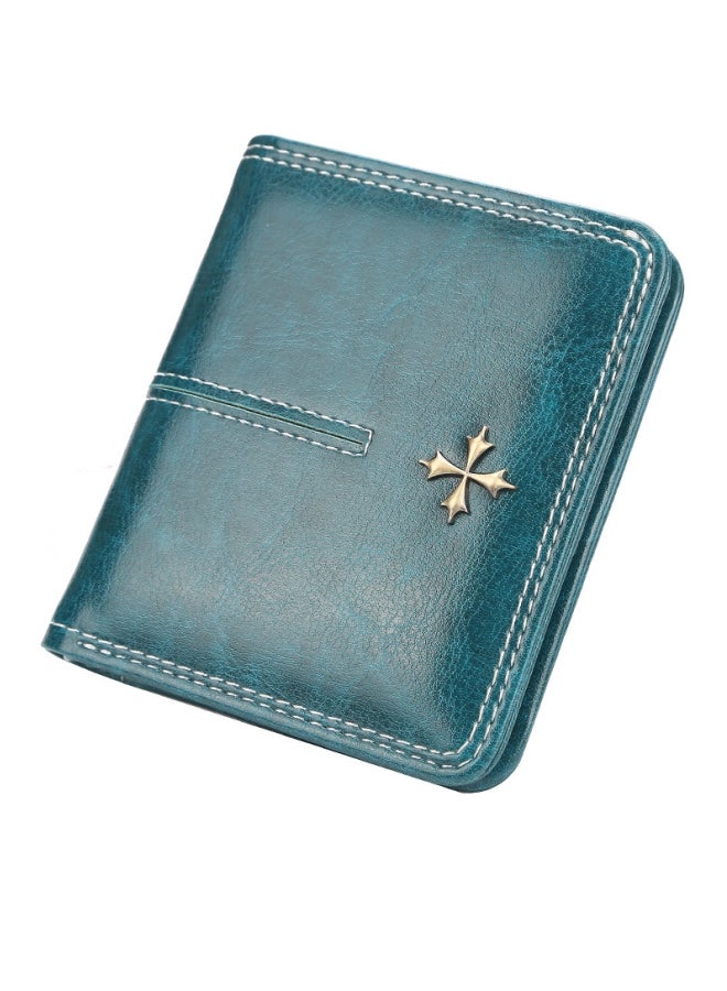 بايلليري محفظة نسائية قصيرة على الطراز الكوري، متعددة الفتحات للبطاقات، محفظة نقود من الجلد الشمعي الزيتي، عصرية ومتعددة الاستخدامات، حامل بطاقات بسحاب سماوي - Image 1