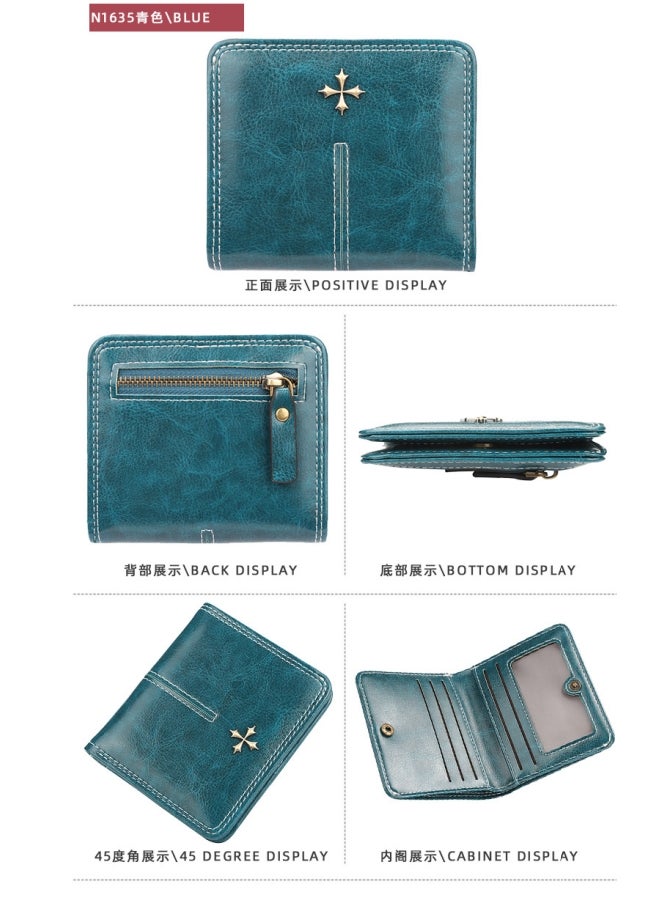 بايلليري محفظة نسائية قصيرة على الطراز الكوري، متعددة الفتحات للبطاقات، محفظة نقود من الجلد الشمعي الزيتي، عصرية ومتعددة الاستخدامات، حامل بطاقات بسحاب سماوي - Image 2