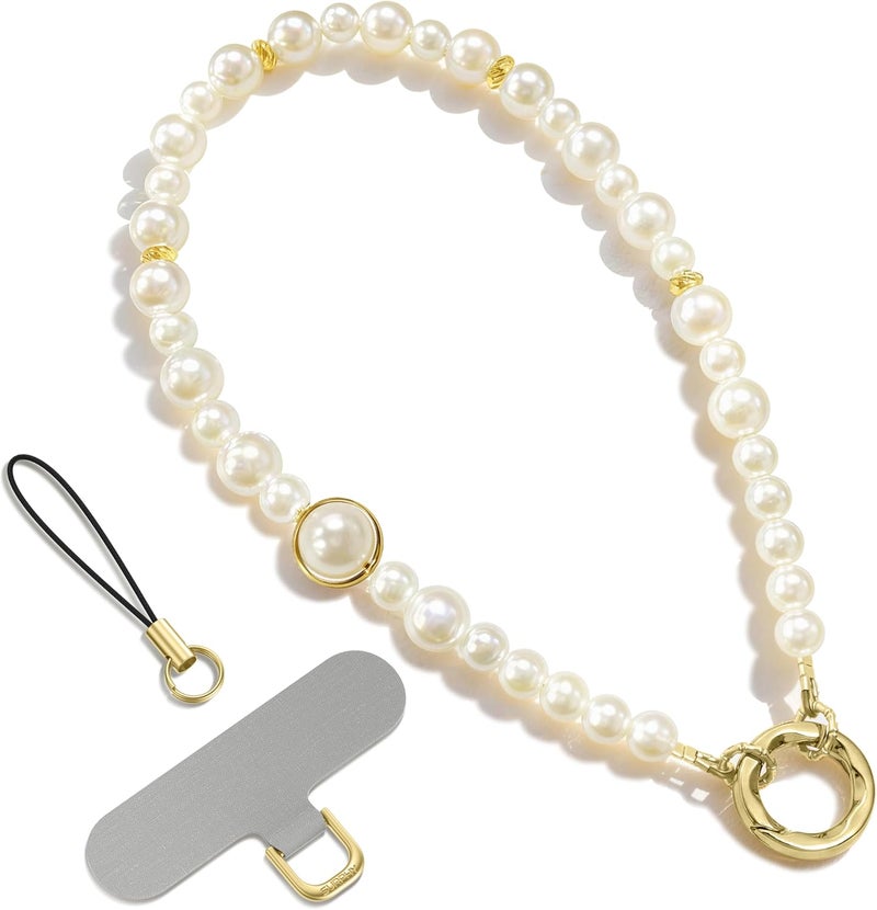 SURPHY Phone Charm, Pearl Phone Strap with Tether Tab & Premium Metal Buckle, Cellphone Lanyard Beaded Bracelets for Women, Cellphone Chain Wrist Strap - Image 1