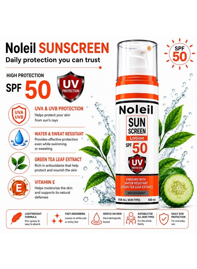 Noleil SPF 50 Sunscreen for Face & Body – Broad Spectrum UVA/UVB Protection – Fast Absorbing – Water Resistant – No White Cast – Shine-Free Finish – 100ml - Image 3