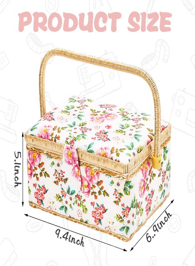 SHANDERBAR Sewing Basket with Accessories, Floral Print Sewing Box for Sewing Supplies,Wooden Sewing Kits Storage Box with Removable Tray,Sewing Basket Organizer Carrying Bag for Beginners & Professional - Image 2