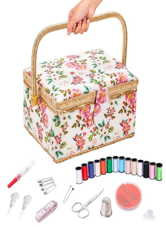 SHANDERBAR Sewing Basket with Accessories, Floral Print Sewing Box for Sewing Supplies,Wooden Sewing Kits Storage Box with Removable Tray,Sewing Basket Organizer Carrying Bag for Beginners & Professional - Image 1