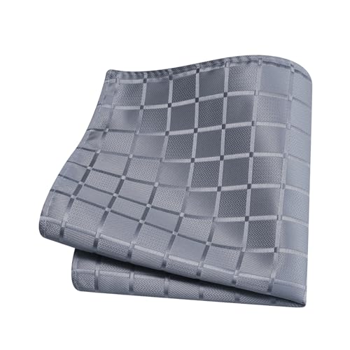 GUSLESON Dark Grey Mens Plaid Checkered Wedding Necktie Pocket Square Cufflinks and Lapel Pin Brooch Set (IN6104-09) - Image 4