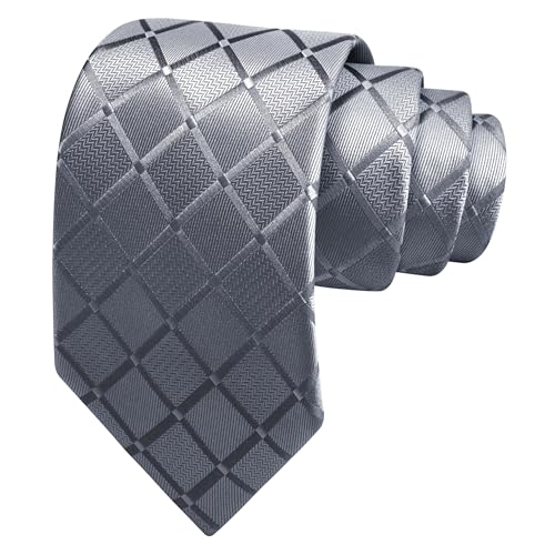 GUSLESON Dark Grey Mens Plaid Checkered Wedding Necktie Pocket Square Cufflinks and Lapel Pin Brooch Set (IN6104-09) - Image 3