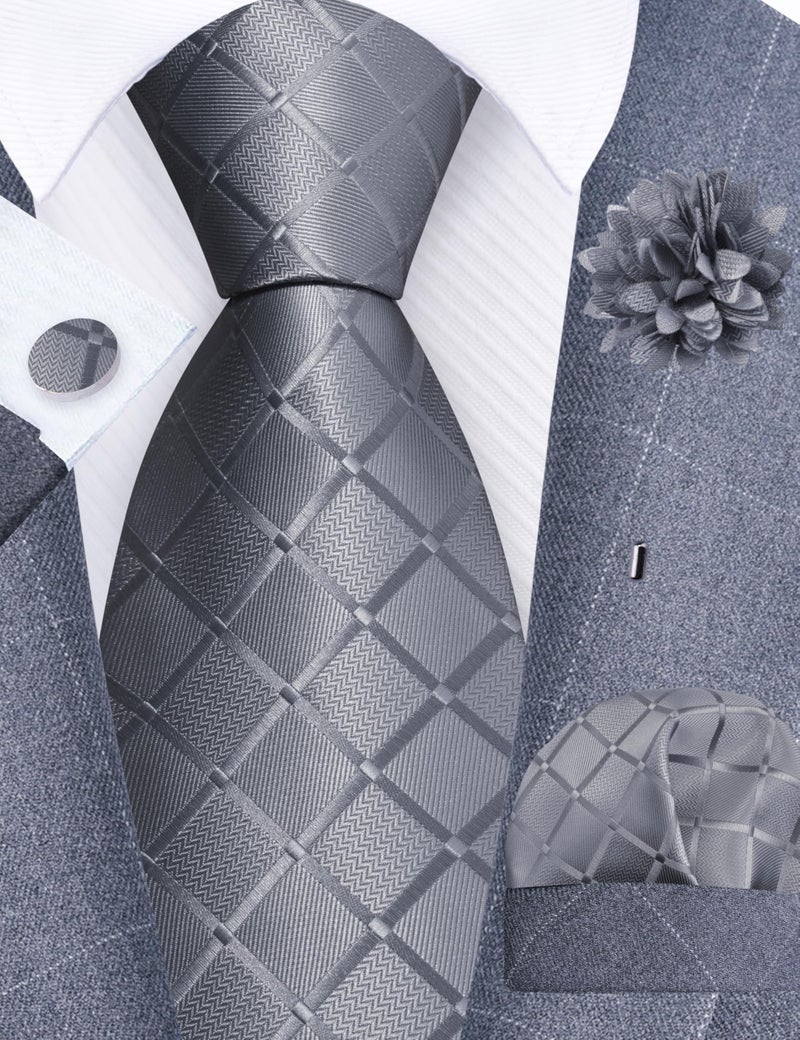 GUSLESON Dark Grey Mens Plaid Checkered Wedding Necktie Pocket Square Cufflinks and Lapel Pin Brooch Set (IN6104-09) - Image 2
