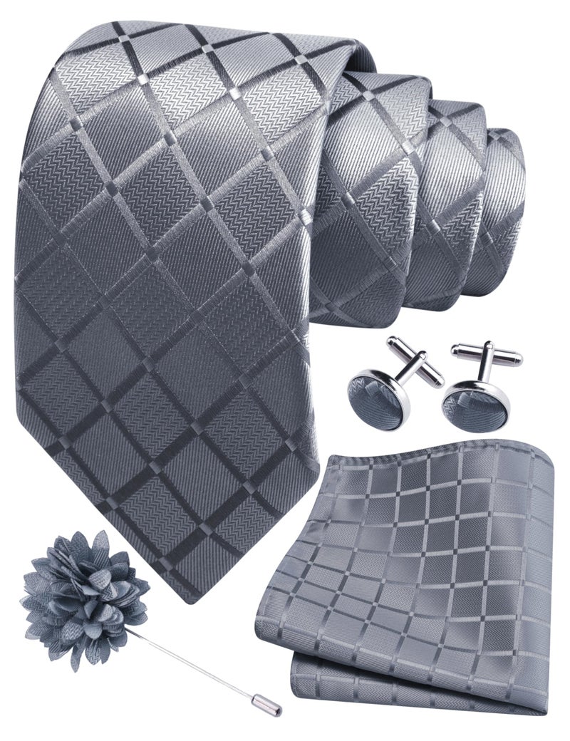 GUSLESON Dark Grey Mens Plaid Checkered Wedding Necktie Pocket Square Cufflinks and Lapel Pin Brooch Set (IN6104-09) - Image 1