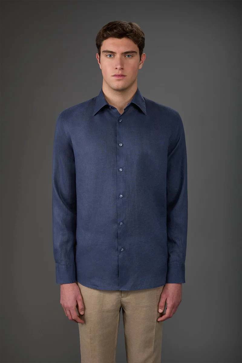 Men's casual shirt with classic collar, 100% linen - Indigo